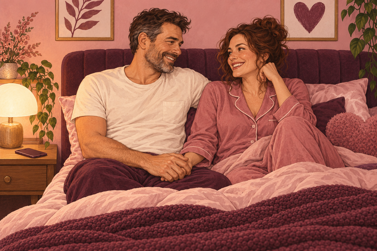 Illustration of a couple laughing and holding hands while relaxing together in bed.