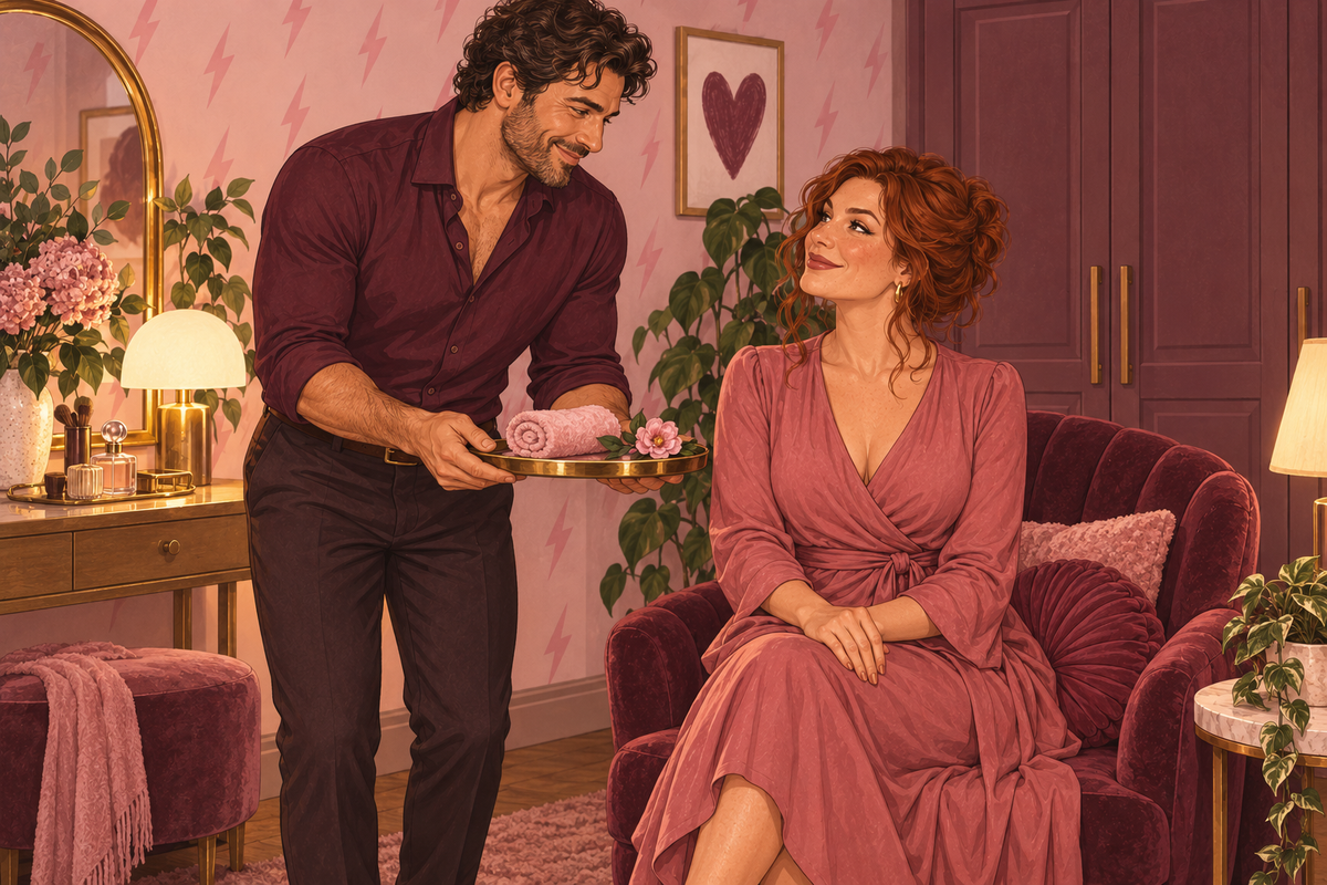 Illustration of a smiling man offering his partner a tray with a flower and a rolled towel.