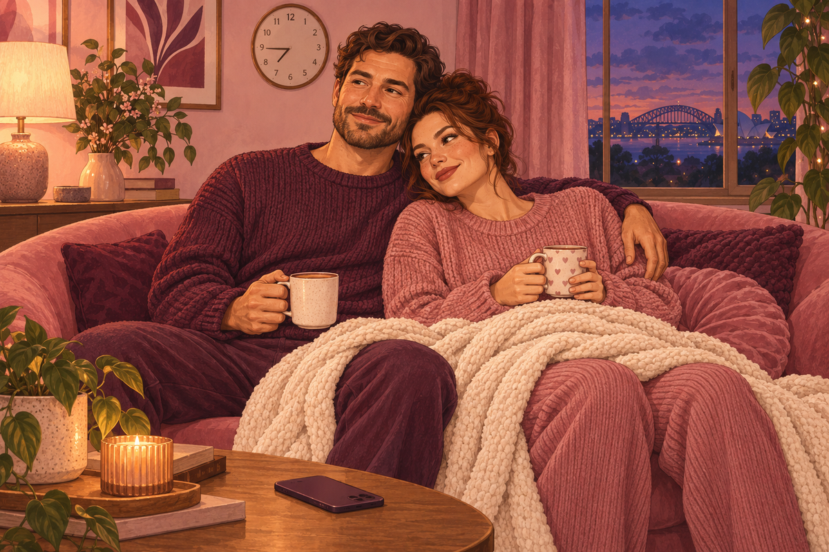 Illustration of a couple cuddling under a blanket on a sofa at dusk.