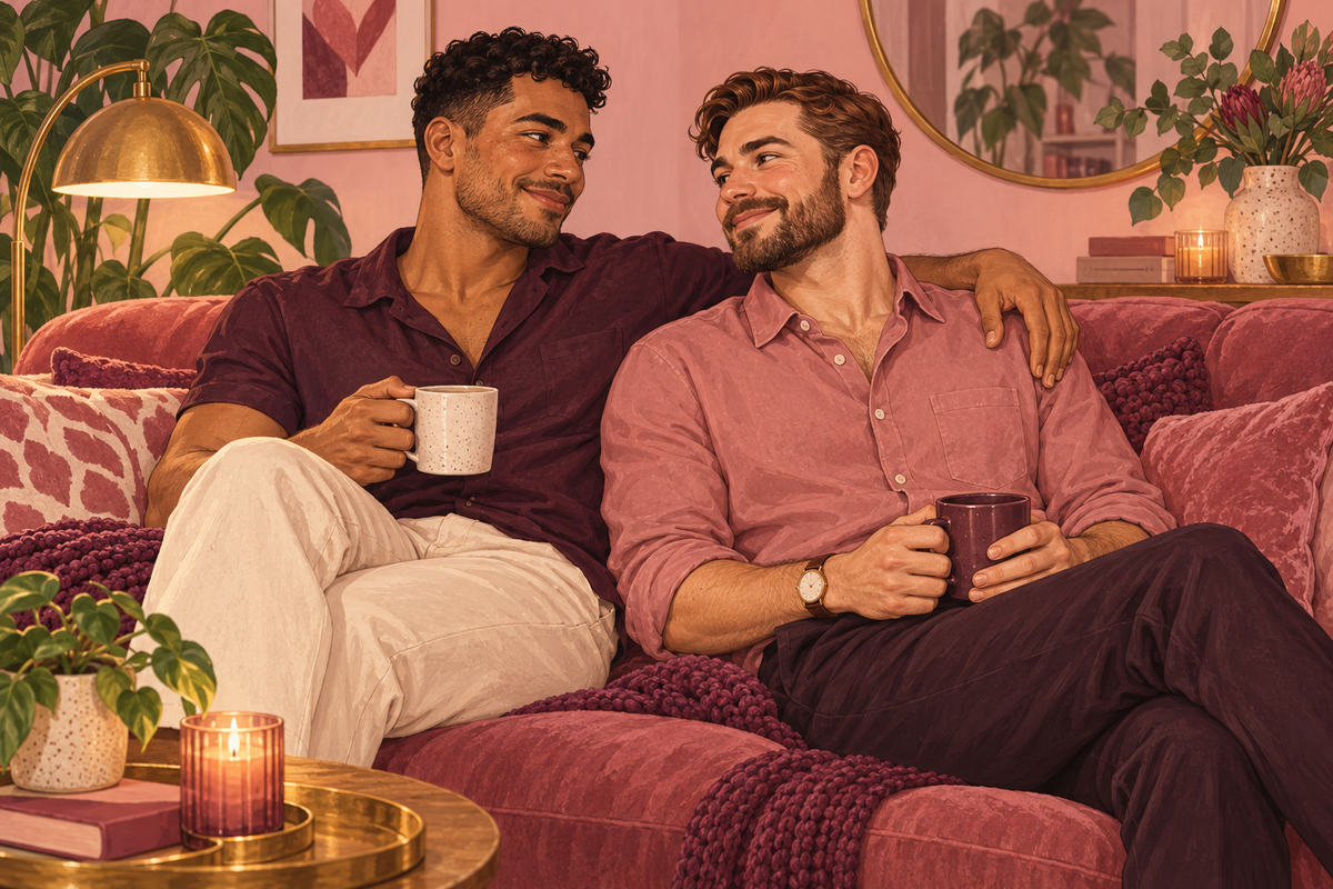 Illustration of two men sharing an affectionate smile on a pink sofa.