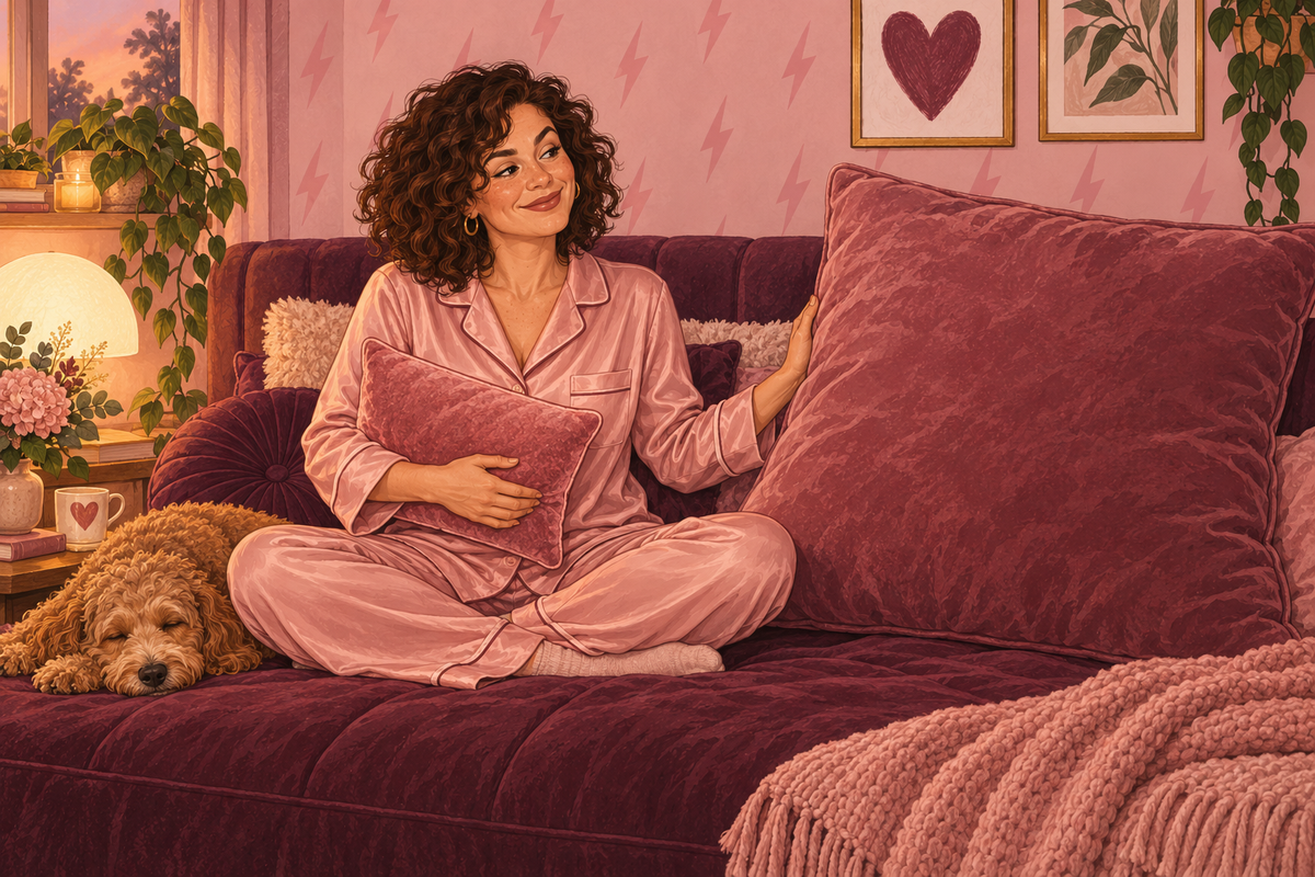 Illustration of a woman choosing a small cushion beside an oversized cushion on a plum sofa.