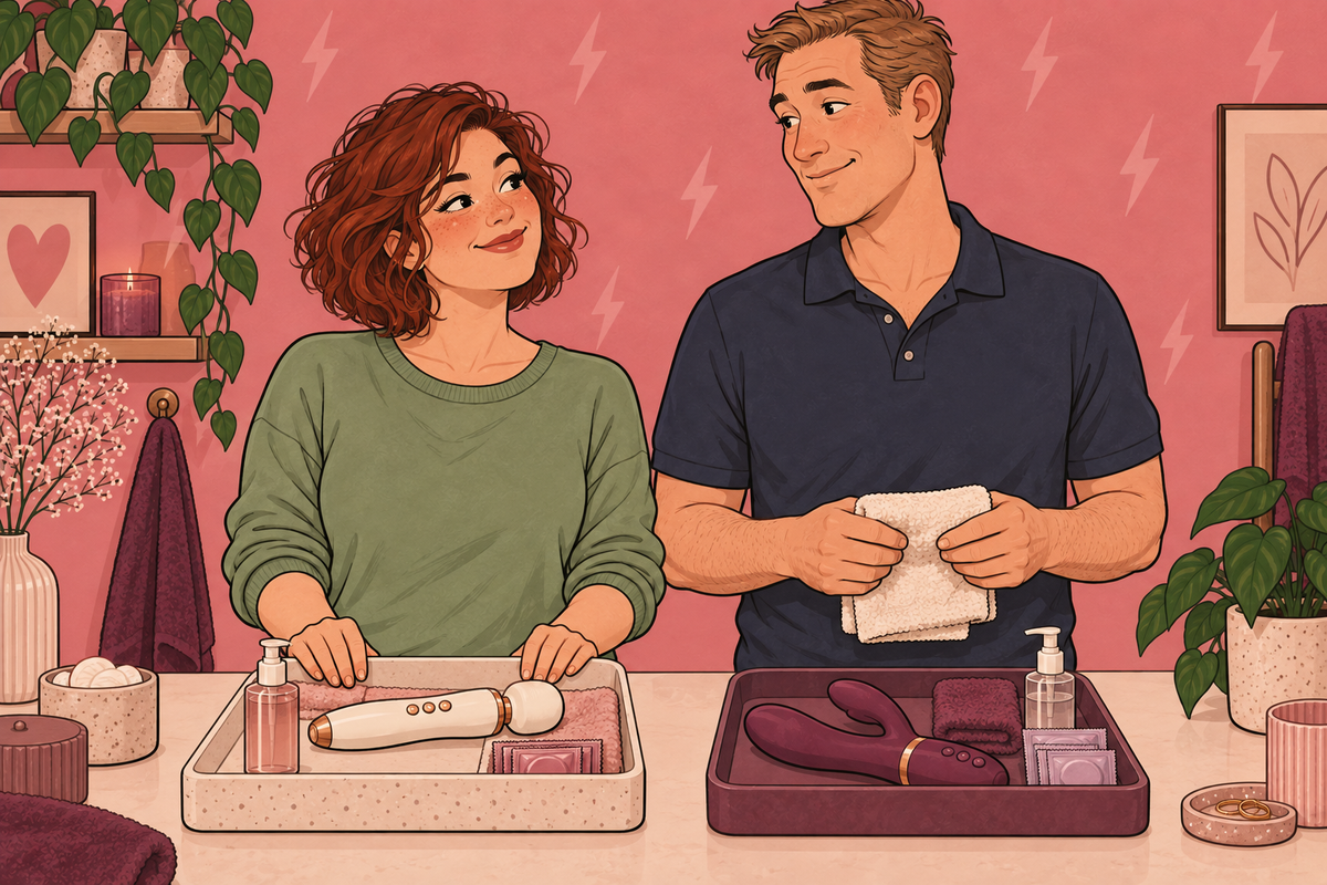 Illustration of two people arranging toys, protective packets and cleaning supplies.