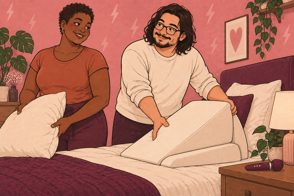 Illustration of a couple arranging pillows and a wedge cushion on a bed.