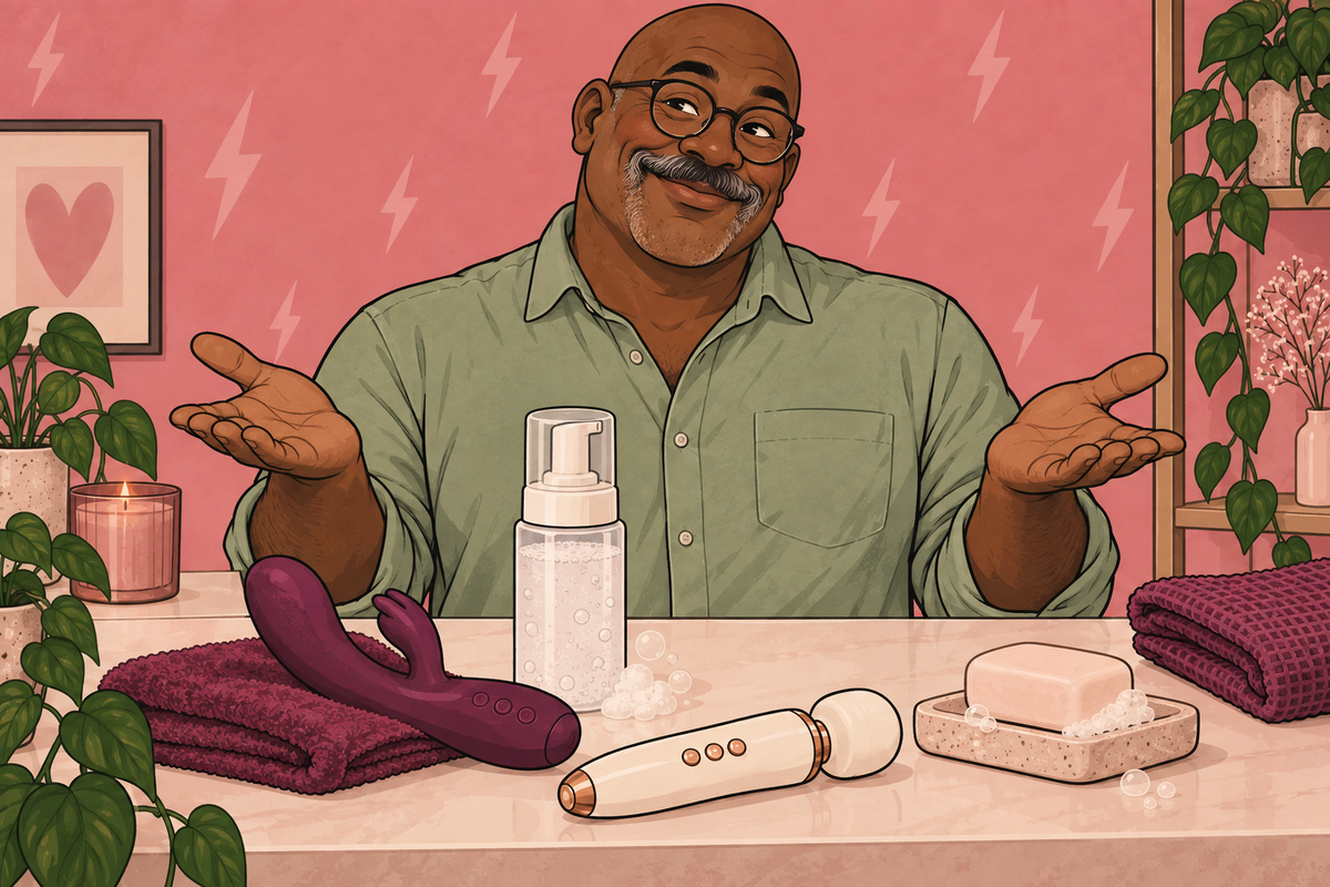 Man comparing foaming toy cleanser and a bar of soap beside two vibrators.