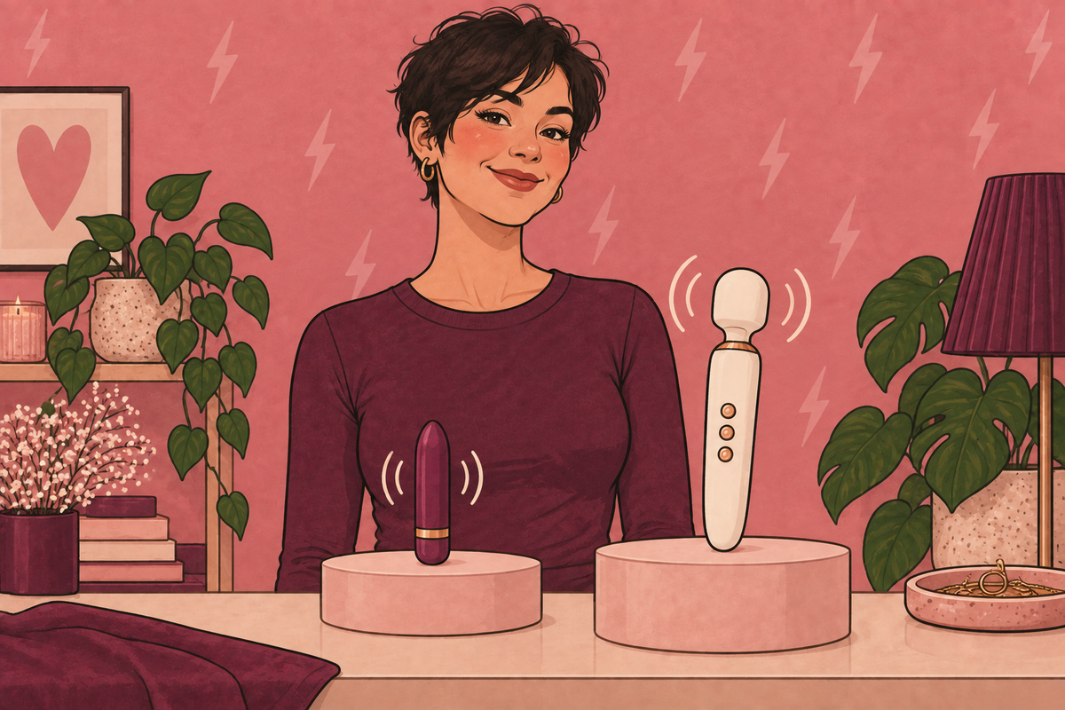 Illustration of a person comparing two vibrators with different vibration symbols.