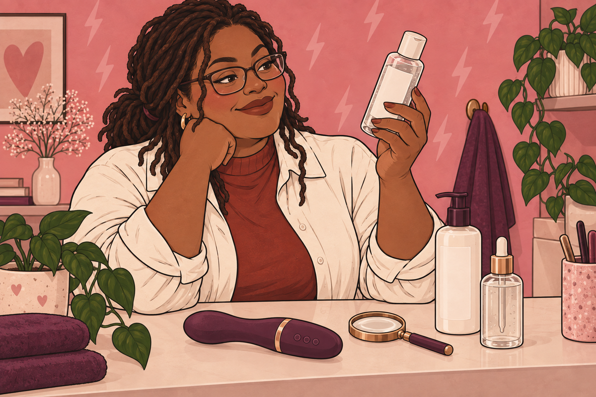 Illustration of a person reading a lubricant bottle beside other bottles and a magnifying glass.