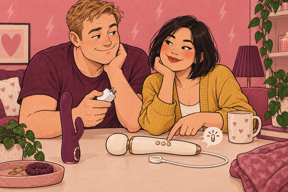 Illustration of a couple inspecting a charging cable beside vibrators.