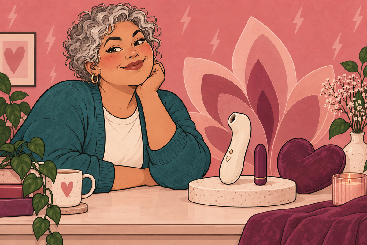 Illustration of a person beside a stylised flower and air-pulse toy.