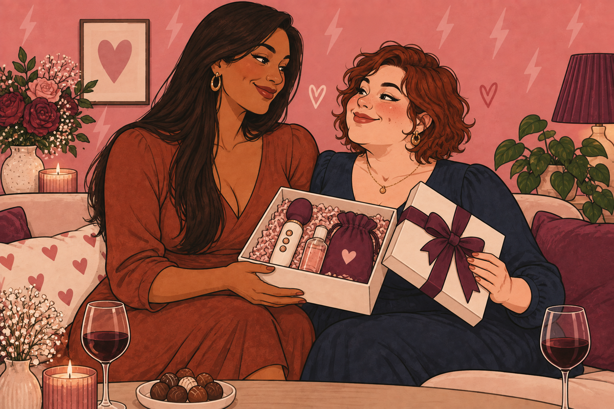Illustration of two people sharing a boxed sex-toy gift on a sofa.