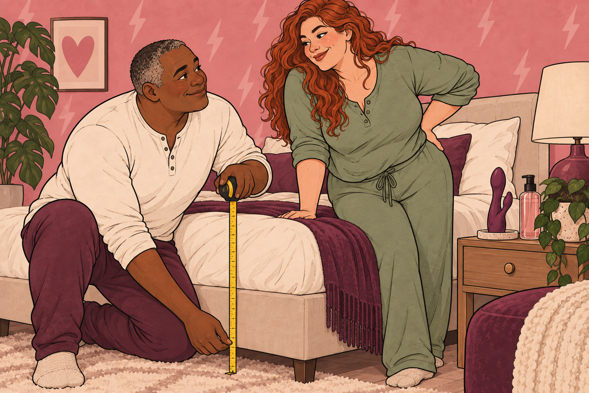 Illustration of two people checking the height of a bed with a measuring tape.