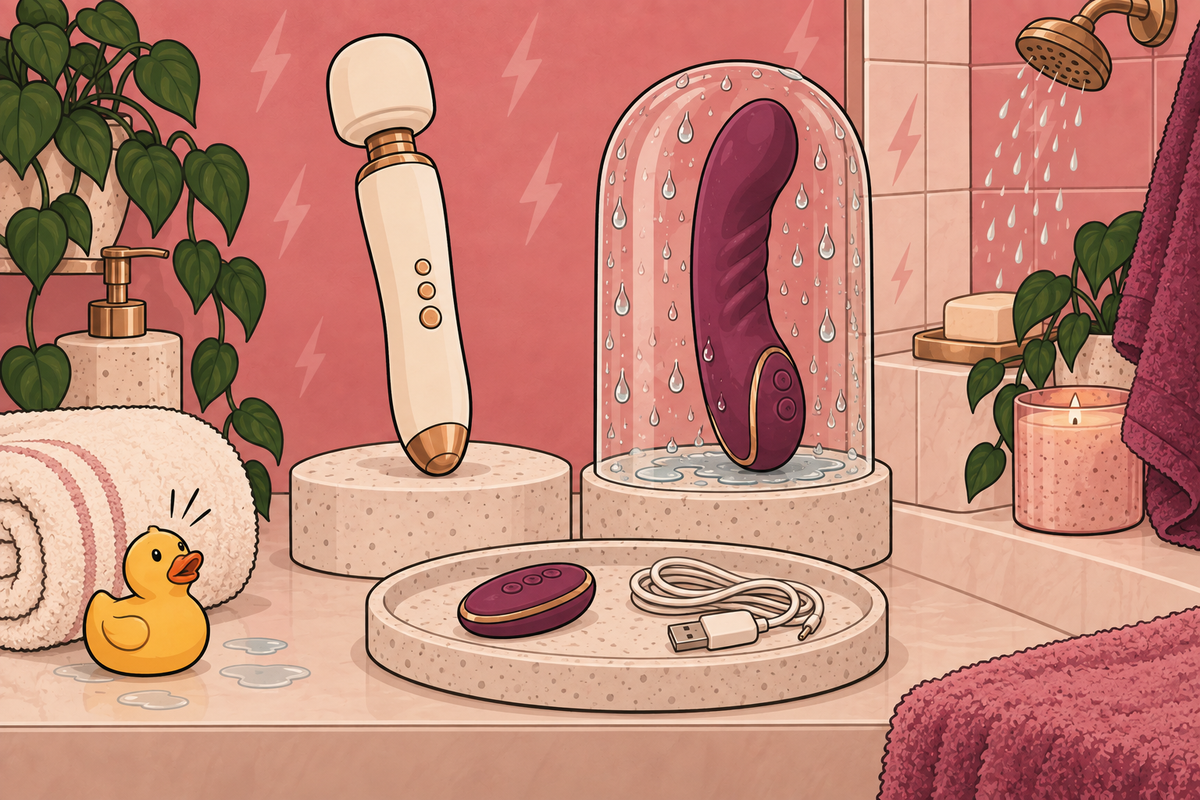 Vibrators displayed with water-drop symbols while a remote and cable stay on a separate dry tray.