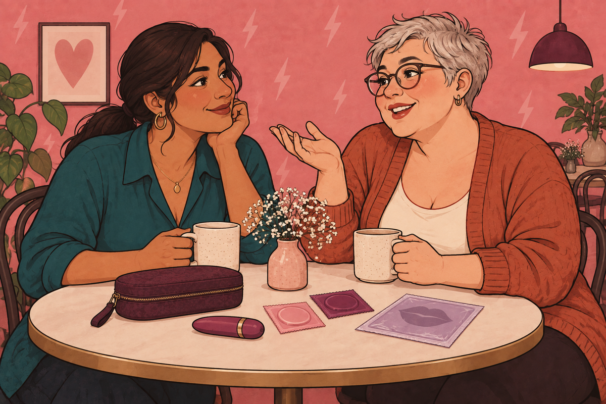 Illustration of two people talking over mugs with protective packets on the table.