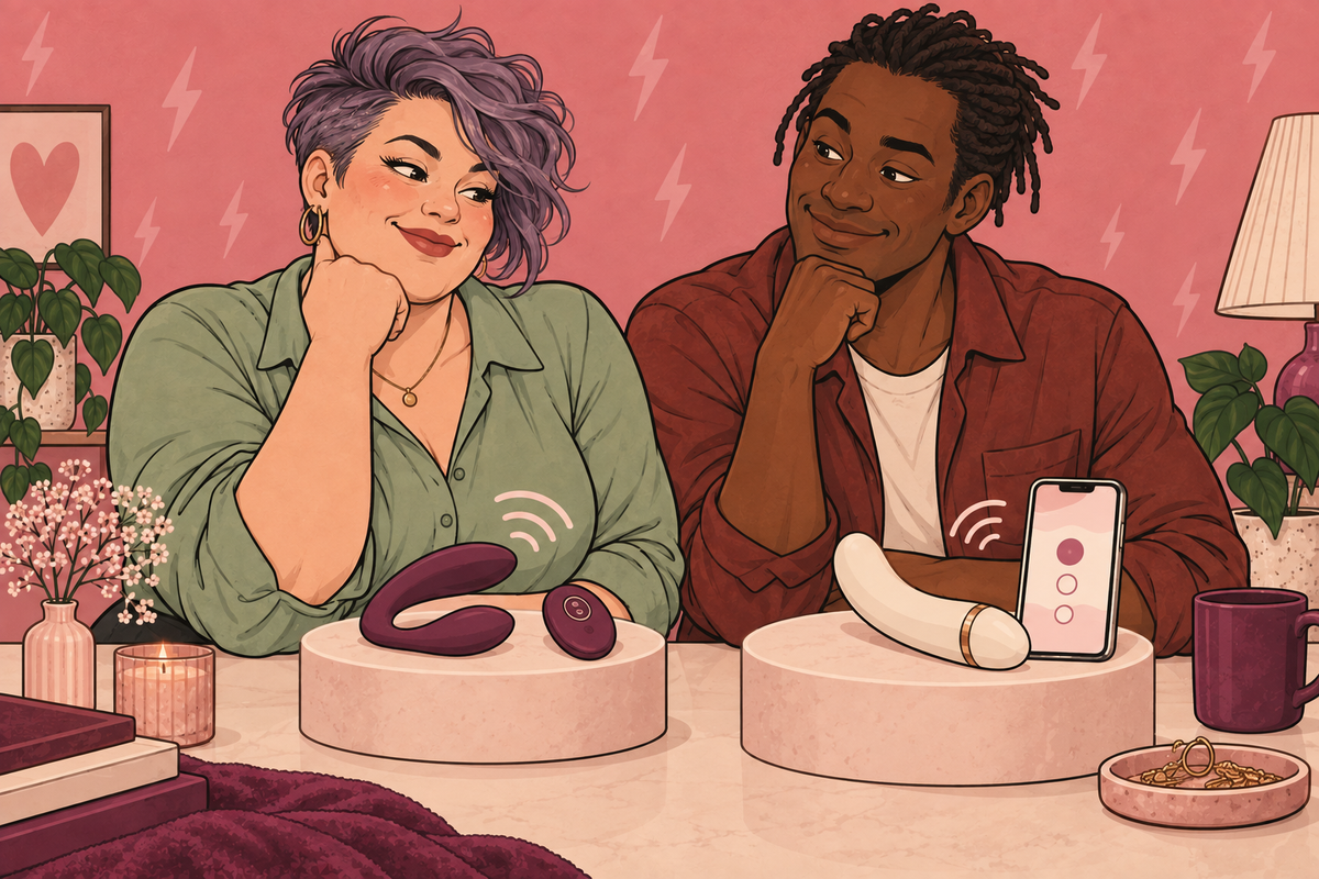 Illustration of a couple comparing wearable toys, a remote and a smartphone.