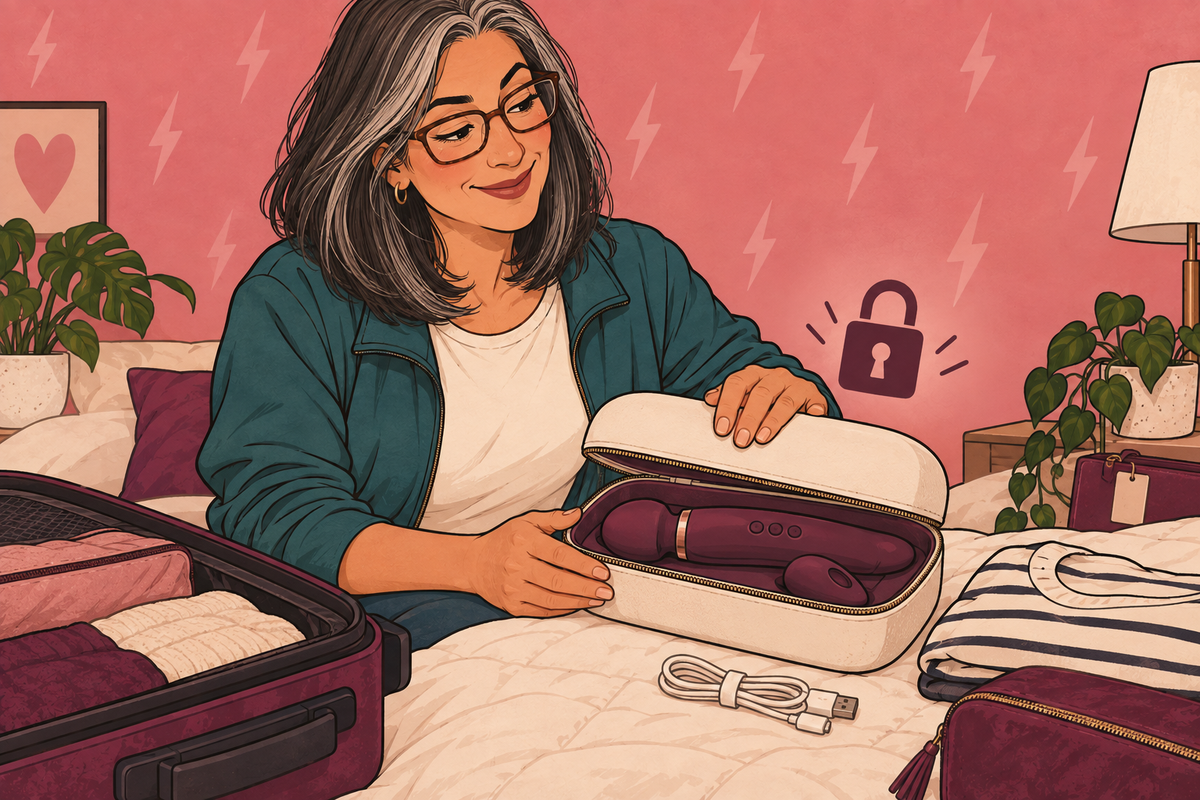 Illustration of a person packing a vibrator case beside a suitcase and padlock symbol.