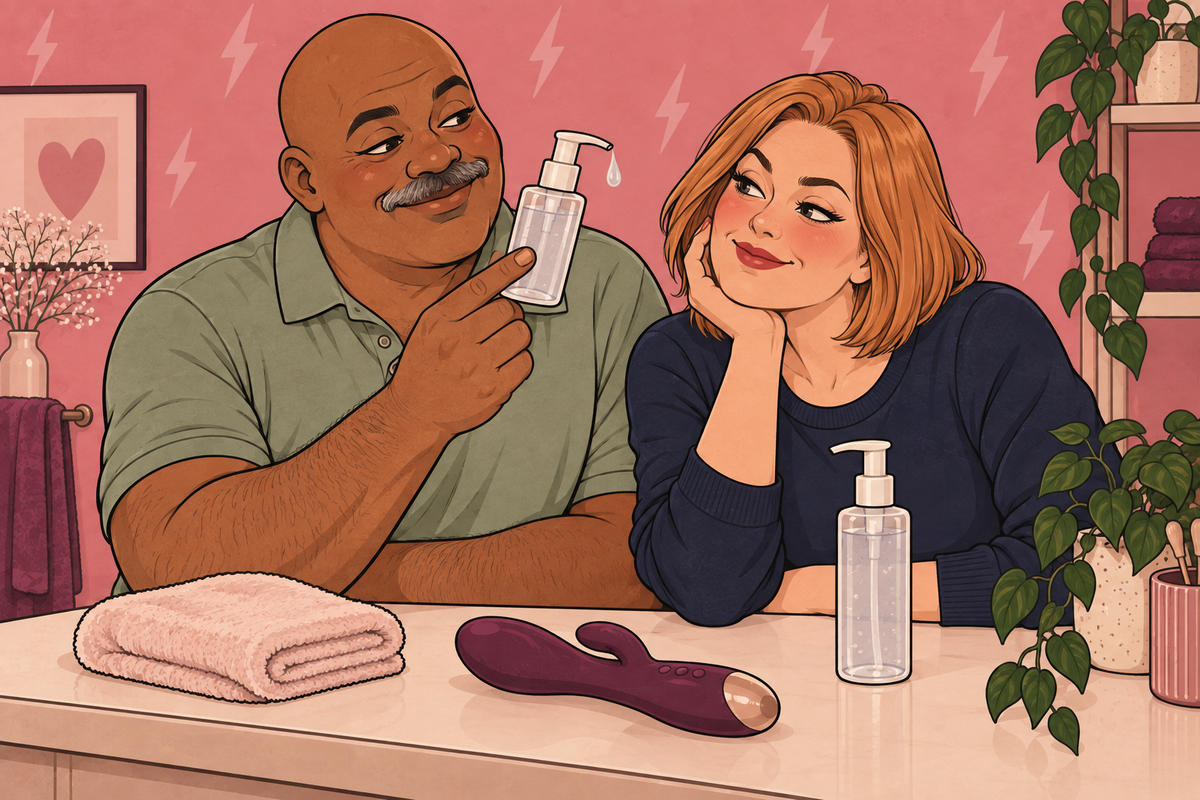 Illustration of a couple reading a lubricant bottle beside a towel and toy.