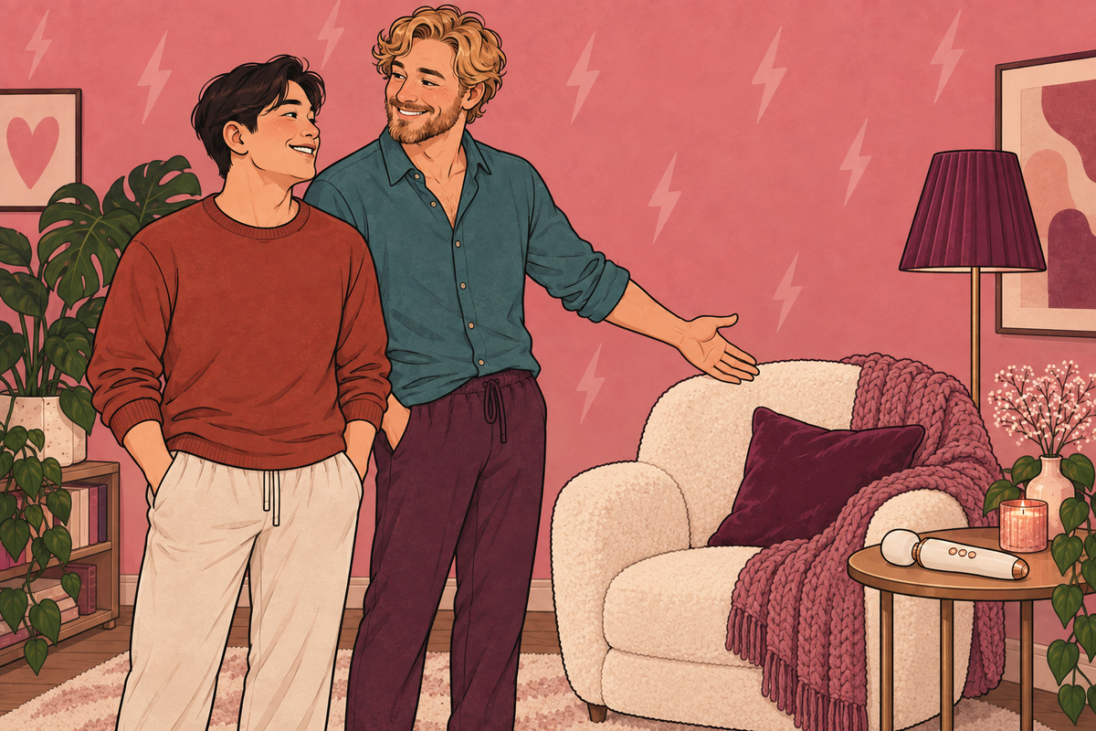 Illustration of two people standing beside an armchair and discussing support.