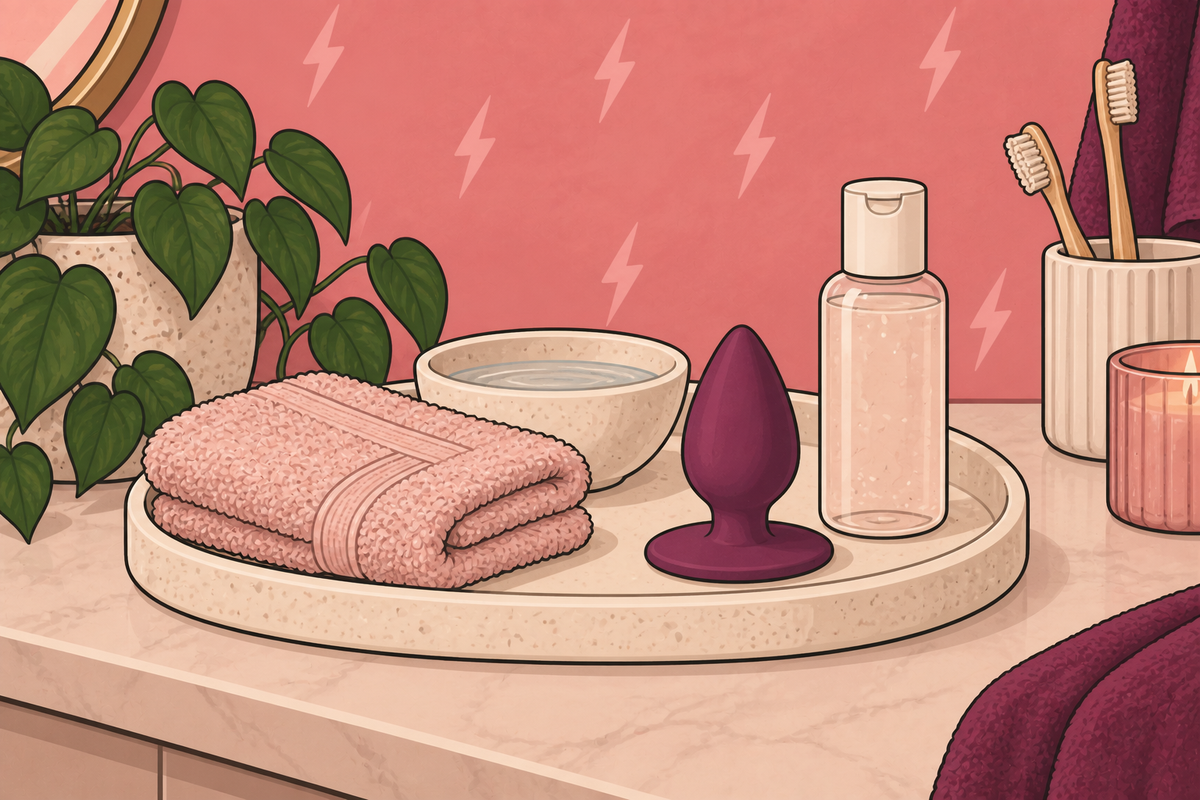 Illustration of a towel, bowl, anal toy and cleanser on a bathroom tray.
