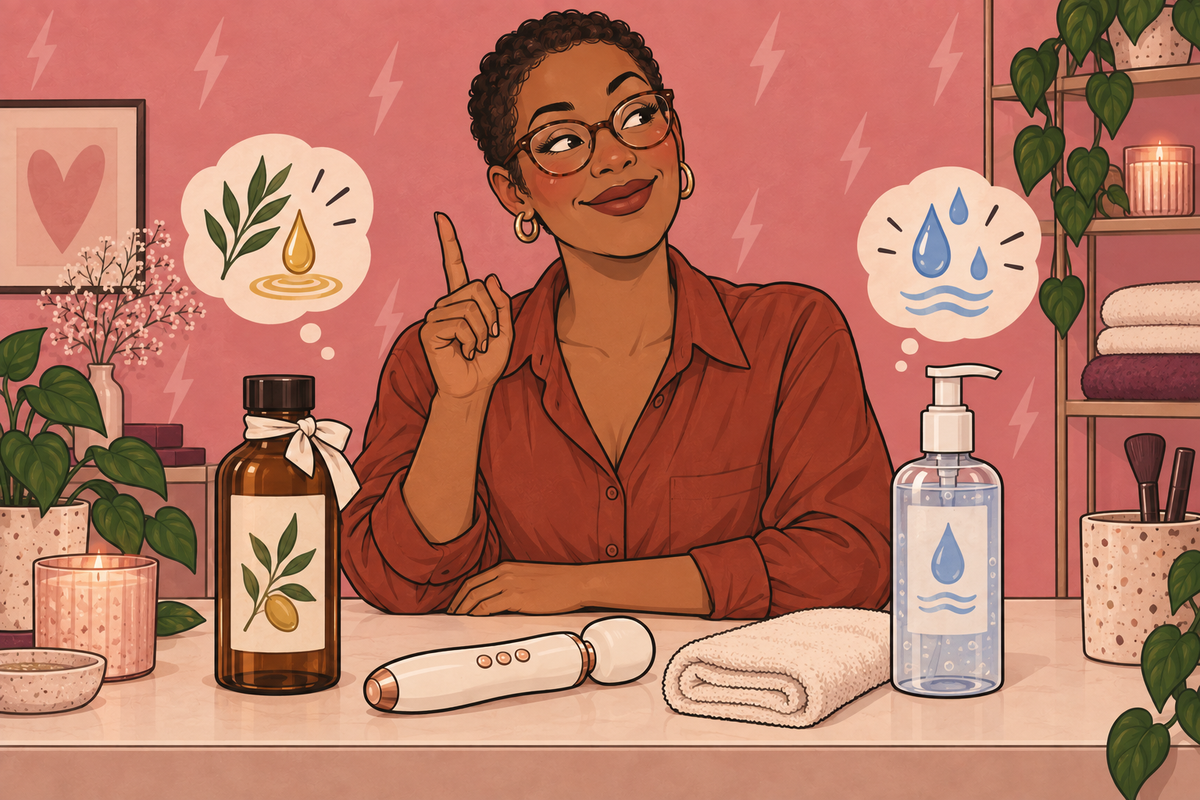 Illustration of a person comparing massage oil and water-based lubricant symbols.