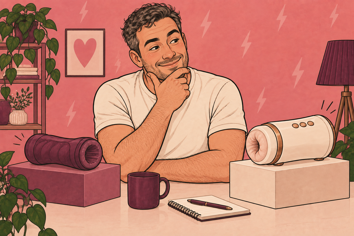 Illustration of a person comparing manual and powered masturbator designs.