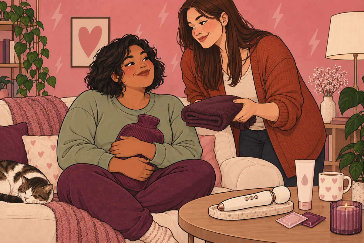 Illustration of two people with folded bedding and a hot-water bottle in a bedroom.