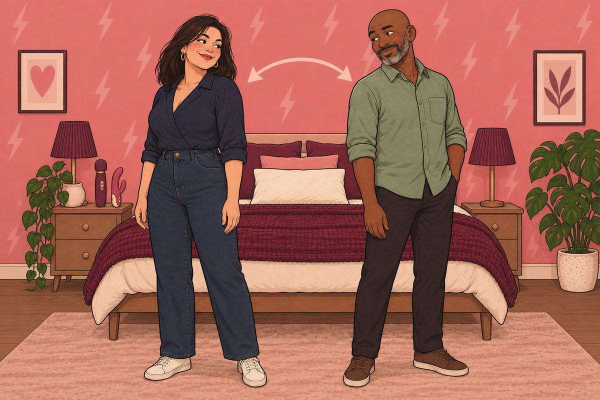 Illustration of two people standing beside a bed with arrows indicating a change of direction.