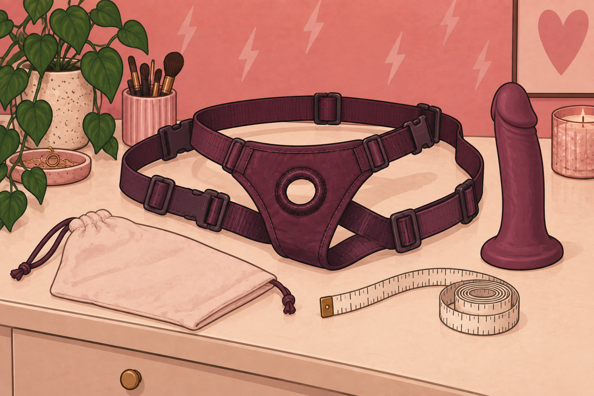 Illustration of a strap-on harness, dildo and measuring tape laid out on a table.
