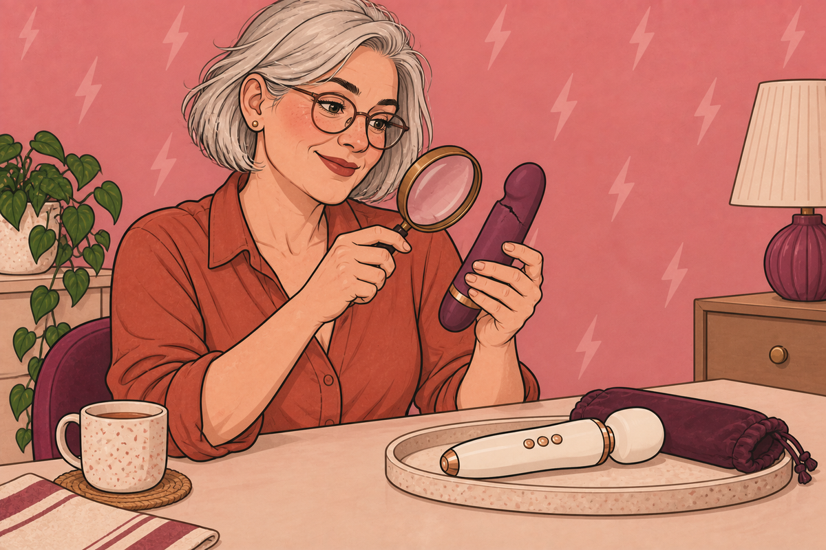 Illustration of a person inspecting a sex toy with a magnifying glass.