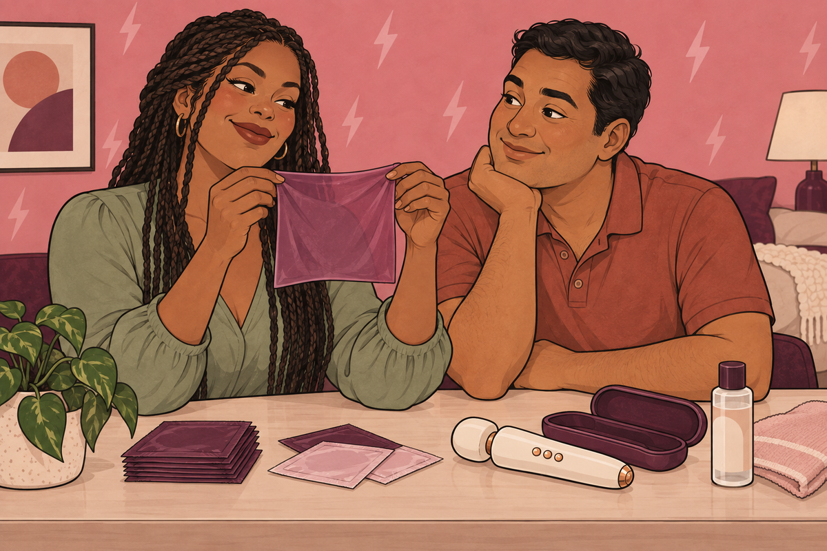 Illustration of two people holding a protective sheet beside sealed packets.