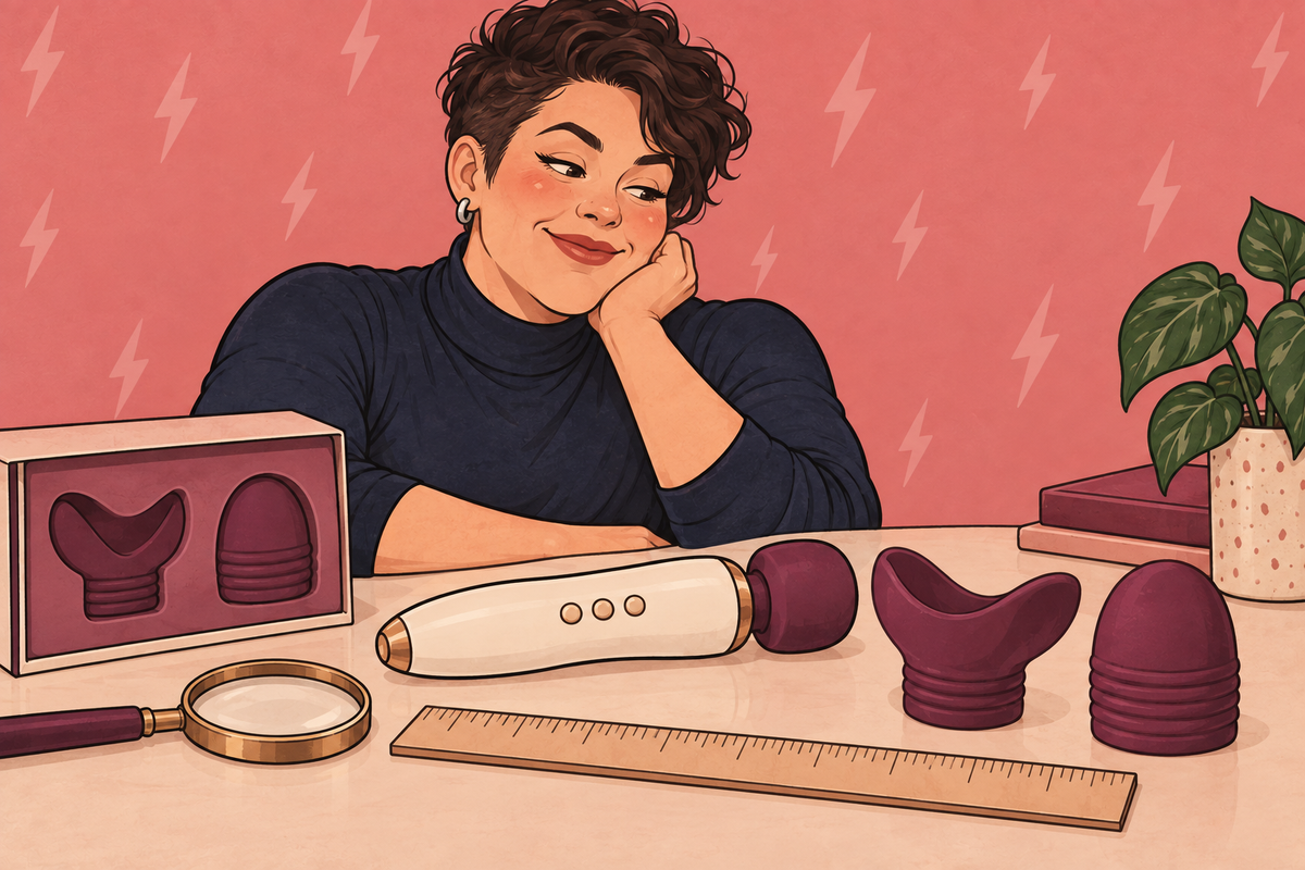 Illustration of a person comparing attachments beside a wand vibrator.