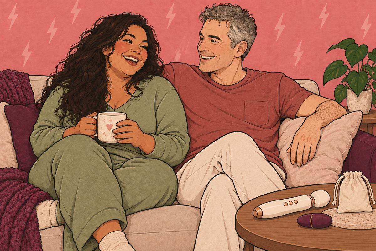 Illustration of two people reclining on a sofa with cushions and a wand nearby.