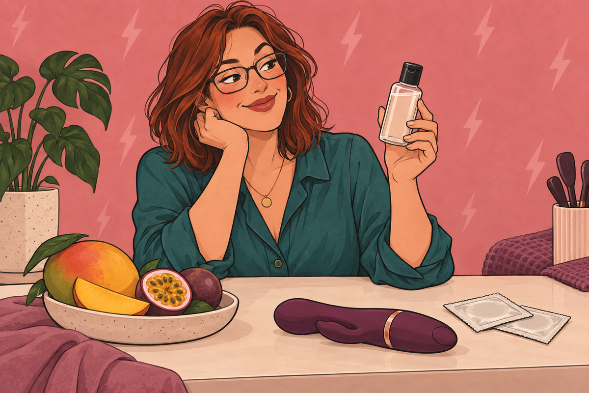 Illustration of a person reading a lubricant bottle beside fruit and a toy.