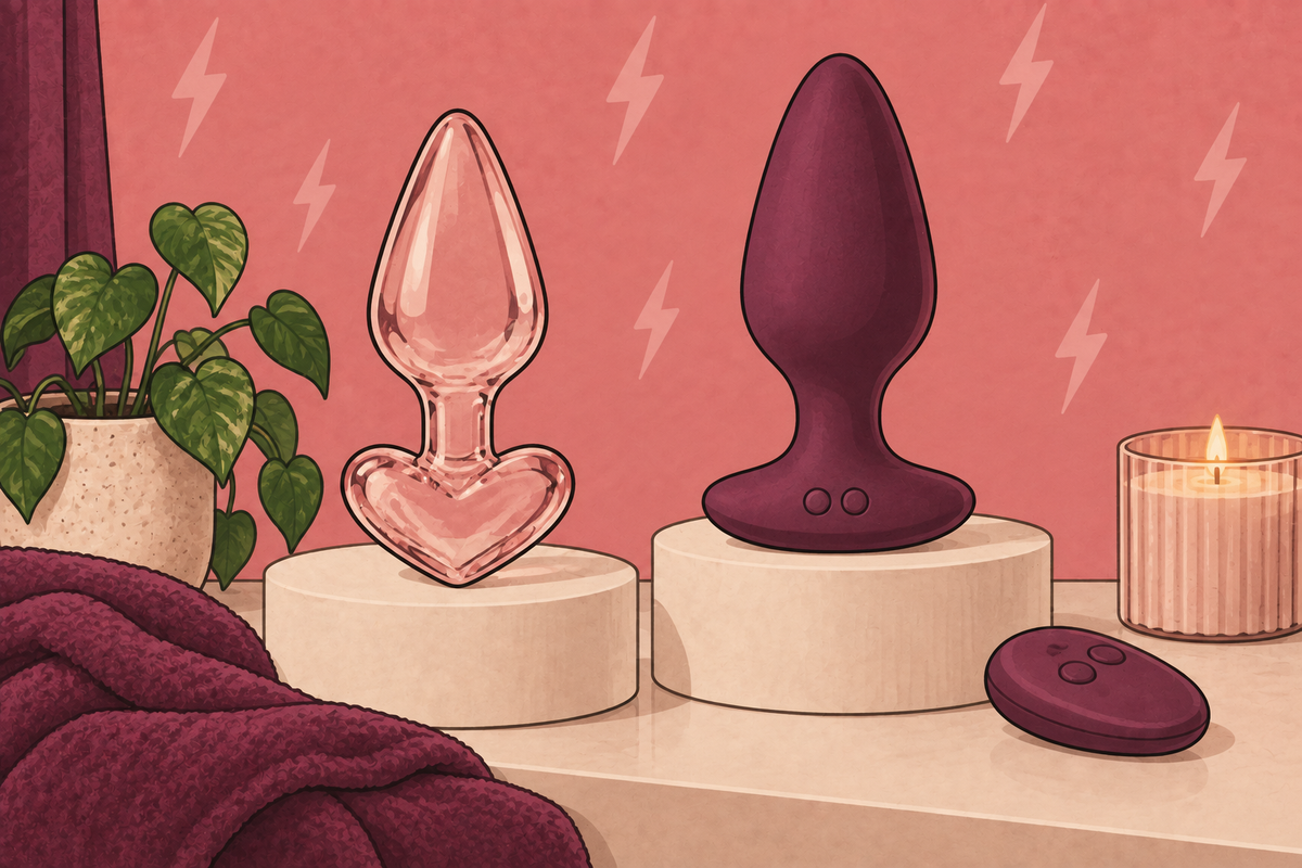 Illustration comparing transparent and opaque butt plugs beside a remote control.