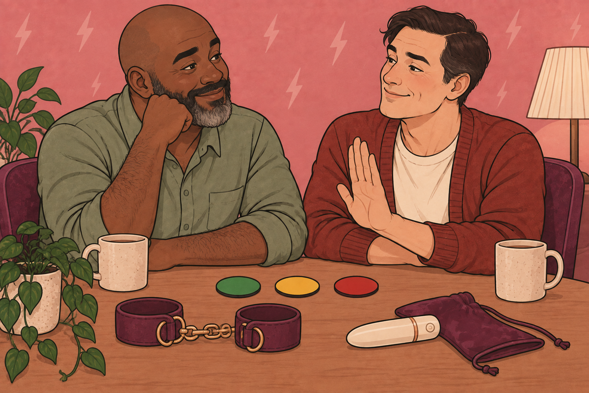 Illustration of two people discussing red, yellow and green signals beside cuffs.