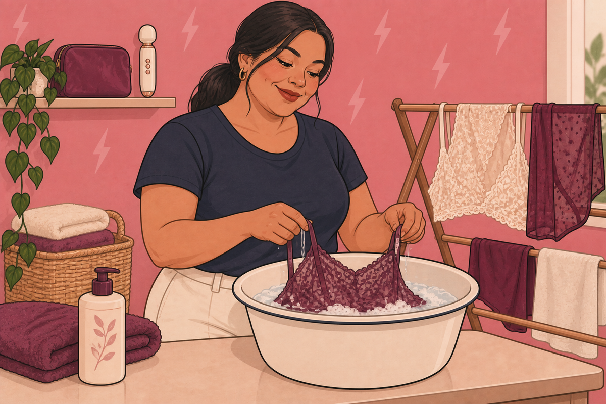 Illustration of a person hand-washing lace lingerie in a bowl.