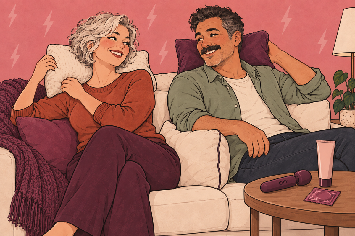 Illustration of two people discussing a cushion while sitting on a sofa.