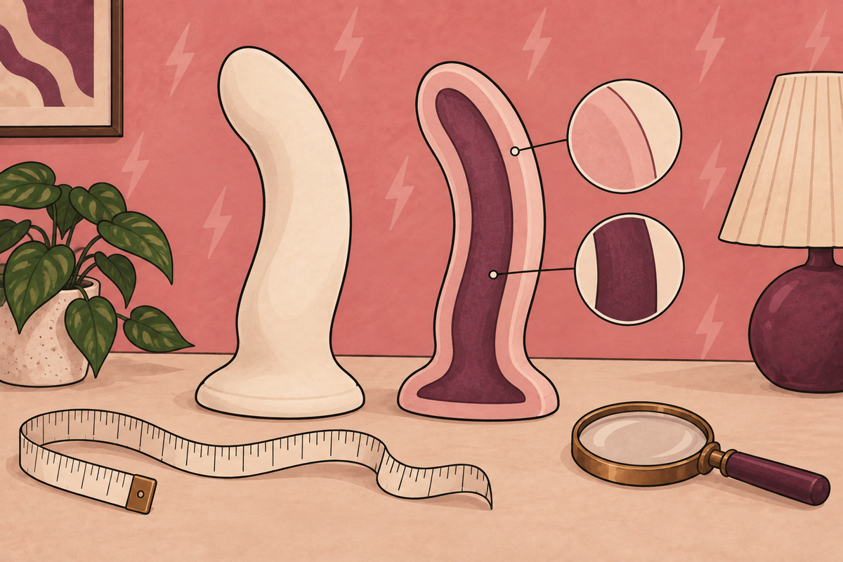 Illustration of a dildo cross-section showing an outer layer and inner core.
