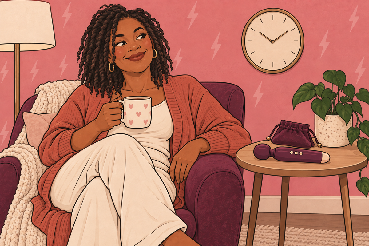 Illustration of a person relaxing in an armchair with a mug and a toy nearby.
