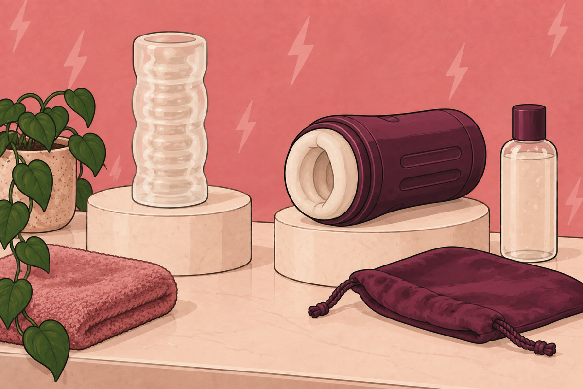 Illustration comparing a transparent worn sleeve and a cylindrical masturbation sleeve.