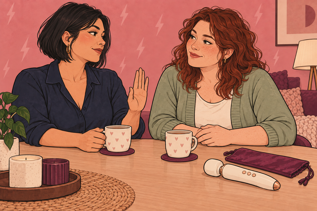 Illustration of two people talking, with one holding up an open hand.