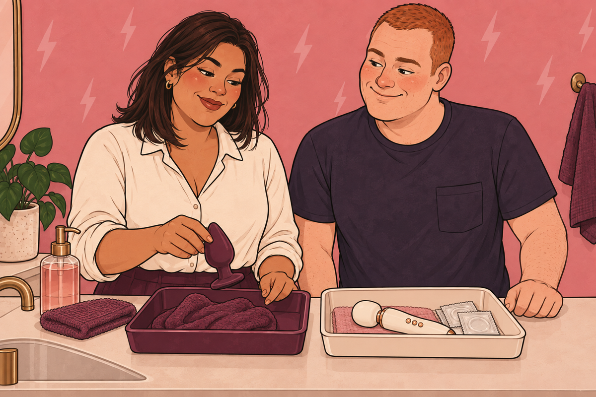 Couple keeping a plug and clean vibrator in separate trays beside cleaning supplies.