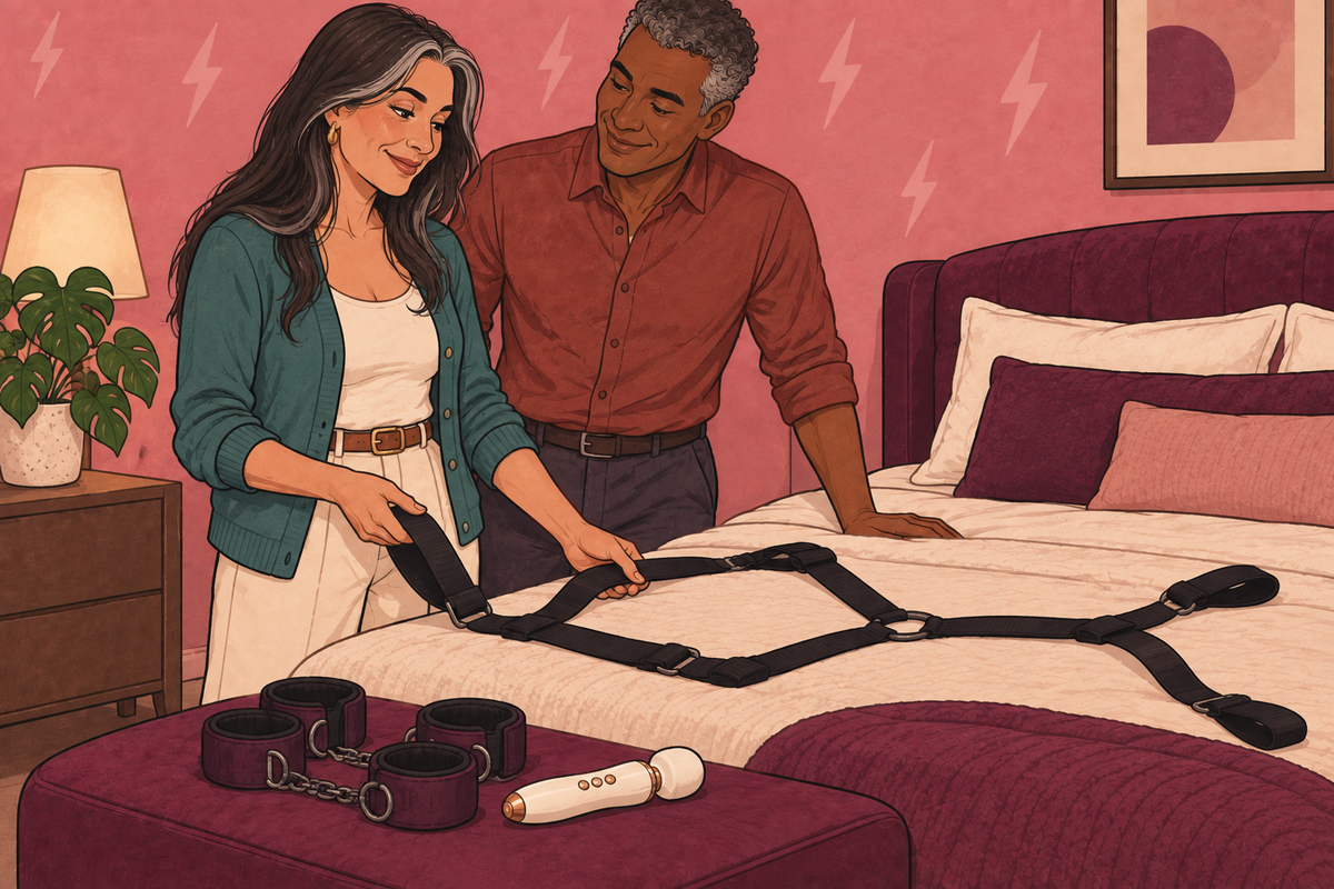 Couple examining unworn bed restraint straps, with separate padded cuffs and a wand nearby.