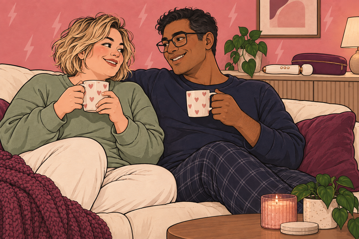 Couple sharing a quiet moment on a sofa, with a wand and toy case on the sideboard.