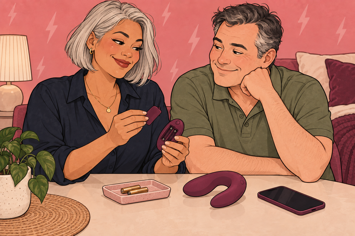 Couple checking a vibrator remote battery compartment with batteries in a tray.