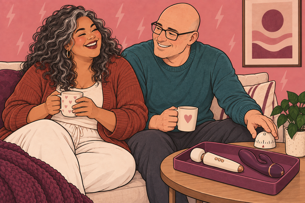 Couple laughing over a small timer with unused vibrators on a nearby table.