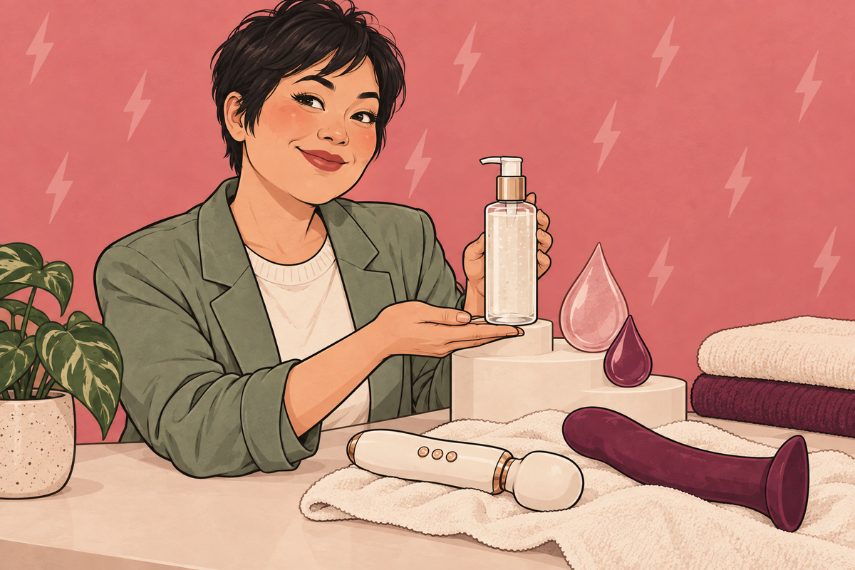 Woman presenting a lubricant bottle with decorative droplets, a wand and a silicone toy on a cloth.