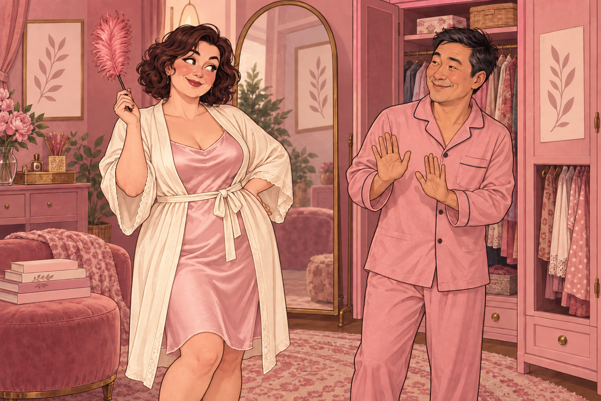 Illustration of two people discussing a feather tickler in a bedroom.