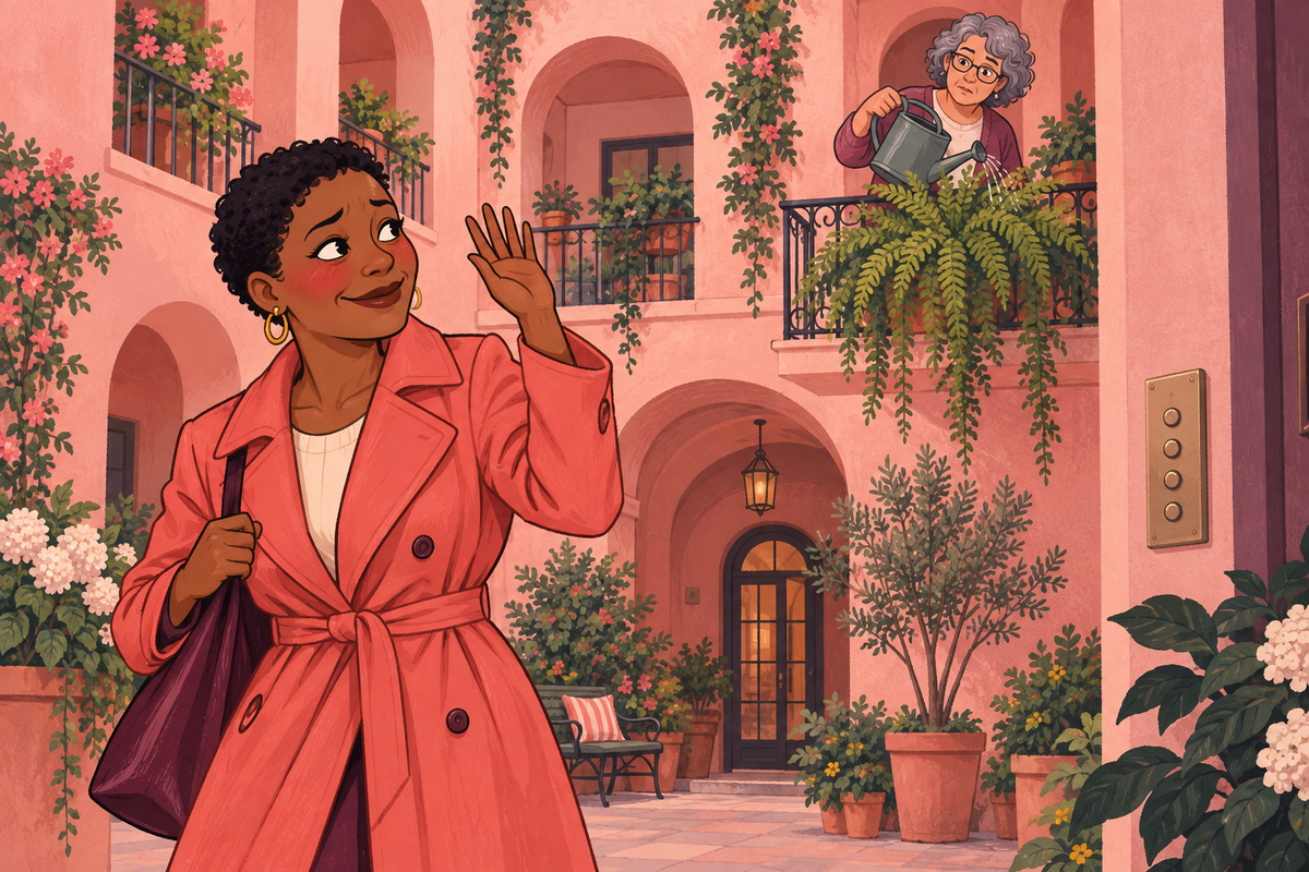 Illustration of a woman waving outside a pink apartment building.