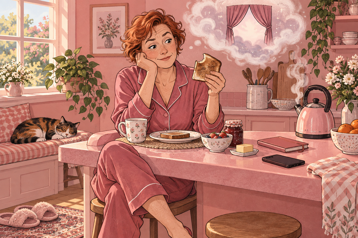 Illustration of a woman enjoying a pastry in a kitchen beside a steaming kettle.