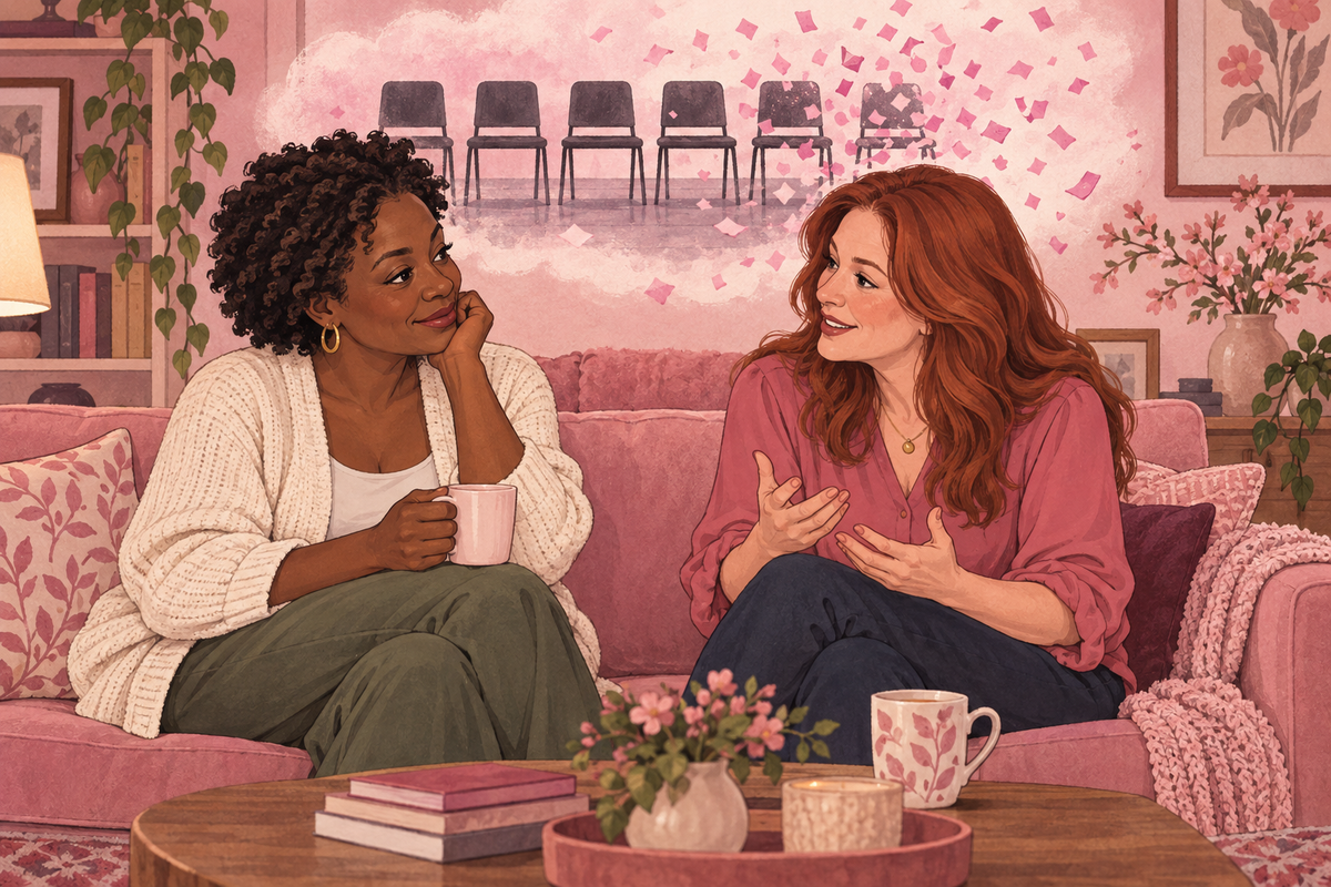 Illustration of two women chatting on a sofa over mugs of tea.