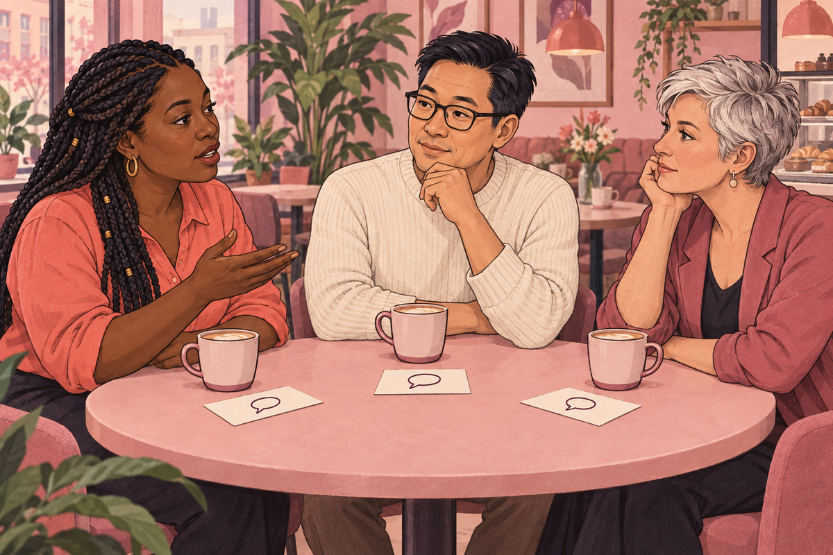 Illustration of three people discussing cards laid out on a table.